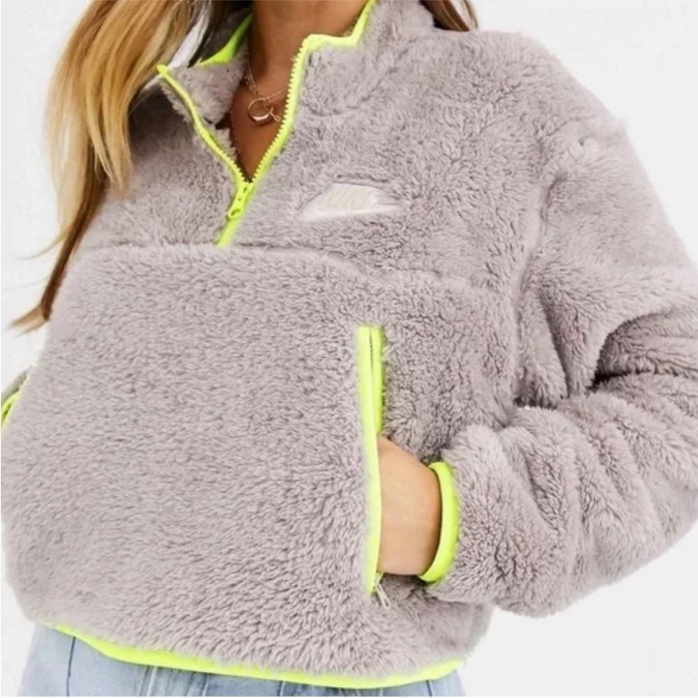Nike Light Gray Teddy Sherpa Half-Zip Jacket with Neon Yellow Trim